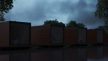 The hotel is not a river bank of transport containers. Night lighting. 3D rendering.