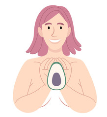 Naked girl is holding an avocado.A vegetarian and healthy lifestyle conception.Women Health . Poster in pastel colors. 