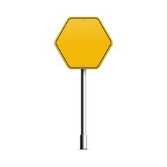 Yellow hexagon road sign on metal pole with blank copy space