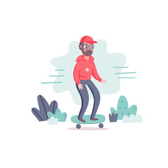 Cool vector hipster man character with beard and skateboard. Confident adult man wearing glasses, hoodie, cap, rides skateboard. Urban citizen cartoon character