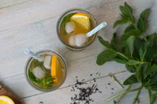 Top View Of Lemon Iced Tea With Mint Leaves