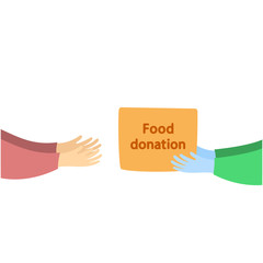 Food donation box give from hand to hand vector. Hands giving box. Delivery of the product during quarantine.Food delivery. from a supermarket with groceries