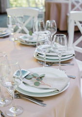 Wedding dinner decor, laid table with plate, Wedding calligraphy card, eucalyptus flower branch, view frome above