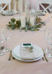 Table setting for party or wedding reception in bright ????, a decoration concept for weddings or social events