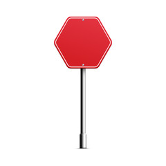 Red hexagonal road sign board mockup, realistic vector illustration isolated