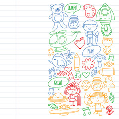 Online education for toddlers. Lessons for children in internet. Vector pattern for kindergarten banners, posters with moon, planet, spaceship, rocket, sun, fruits, house, flowers.