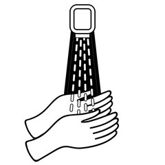 hands under running water from the tap. hand disinfection: black and white hygiene poster-wash your hands. contour drawing isolated on a white background. flat art. Doodle style. leaflet, print, sign.