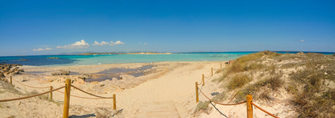 Panoramic view extra large isla de espalmador Formentera Spain. Marine channel that separates ses illetes from isola de espalmador. Vacation travel concept
