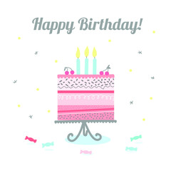 Hand drawn doodle style vector illustration - Happy birthday greeting card. Pink multi-layer holiday cream cake with burning candles. Make a wish