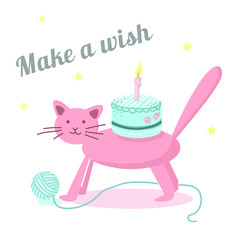 Hand drawn doodle style vector illustration - Happy birthday greeting card. Blue holiday cream cake with burning candles. Cute kitten plays with a ball of thread. Make a wish