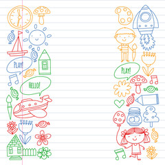 Online education for toddlers. Lessons for children in internet. Vector pattern for kindergarten banners, posters with moon, planet, spaceship, rocket, sun, fruits, house, flowers.