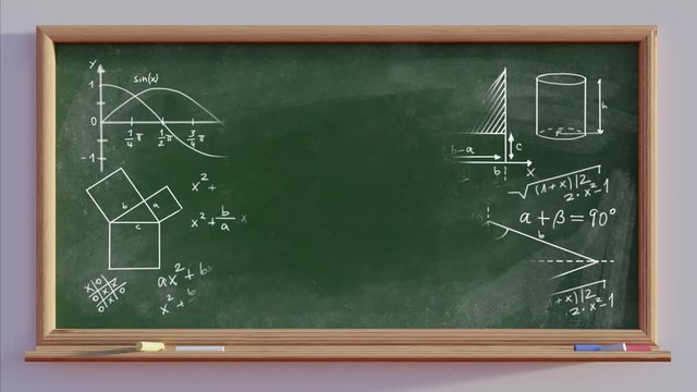 Animation of a green school blackboard with mathematical scribbles erased and then the text Happy teachers day  appearing