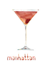 Watercolor hand drawn sketch illustration of manhattan cocktail with lettering isolated on white