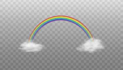 Mockup of rainbow color arch on clouds, realistic vector illustration isolated.