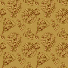Pizza seamless doodle sketch pattren on a yellow background. Print for banners, wrapping paper, posters, cards, invitations, fabrics, cafes, menus, restaurants, web design.