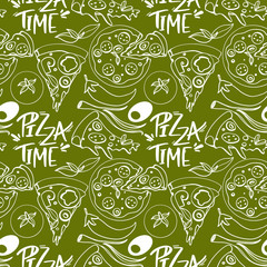 Pizza seamless doodle sketch pattren on a green background. Print for banners, wrapping paper, posters, cards, invitations, fabrics, cafes, menus, restaurants, web design.