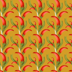 Bright pepper texture seamless digital pattren on a yellow background. Print for banners, wrapping paper, posters, cards, invitations, fabrics, cafes, menus, restaurants, web design.