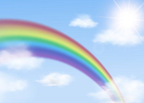 Rainbow arch on blue sky with clouds background realistic vector illustration.