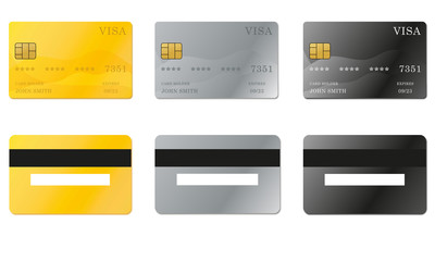 Realistic detailed credit cards set with colorful abstract design. Golden credit card. Silver credit card. Vector illustration.