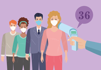 people using face masks in temperature check point for covid19