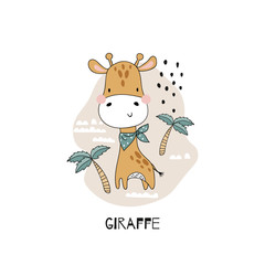 Hand drawn cute cartoon baby giraffe card. Jungle animals and background.