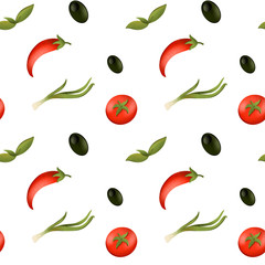 Bright tomato, pepper texture digital seamless pattren on a white background. Print for banners, wrapping paper, posters, cards, invitations, fabrics, cafes, menus, restaurants, web design.