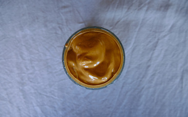 Iced Dalgona Coffee, Whipped Trendy Korean Coffee with Coconut Sugar and Soya Milk. Vegan Dalgona Coffee.