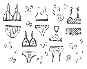 Hand drawn doodle Lingerie icon set. Sexy lace woman underwear symbol collection. Various sketch elements: bra, panties, brassiere, string, bikini. Fashion feminine vector illustration. 