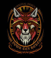 Fototapeta premium fox head logo with ornament background. APPAREL T-shirt design, print decoration.