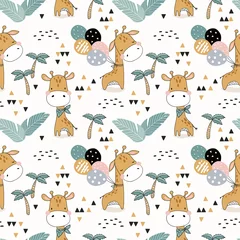 No drill roller blinds Animals with balloon Cartoon seamless pattern baby giraffe with balloons. Hand drawn illustration. Jungle animals and background.