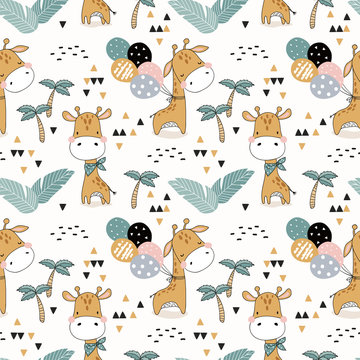 Cartoon seamless pattern baby giraffe with balloons. Hand drawn illustration. Jungle animals and background.