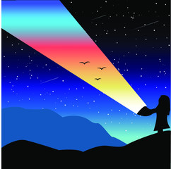 A girl stands with a flashlight on a mountain in the galaxy