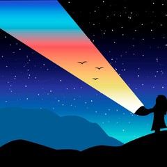 A girl stands with a flashlight on a mountain in the galaxy