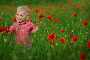 Baby in poppy field. Child in flower fields. Very happy child girl in poppy field