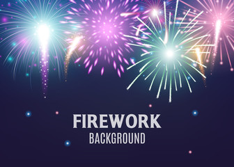 Firework background with colorful light explosions realistic vector illustration.
