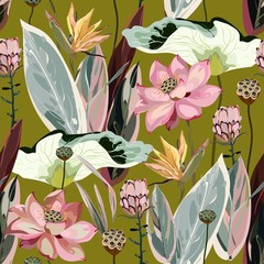 Large flowers, inflorescences, buds and lotus leaves, Strelitzia and Proteus on a light beige, cream background. Vector seamless floral illustration. Square repeating design template for fabric