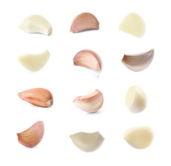 Set of garlic cloves on white background