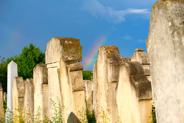 The Old Jewish cemetery at colorful sunset sky, Chernivtsi Ukraine.