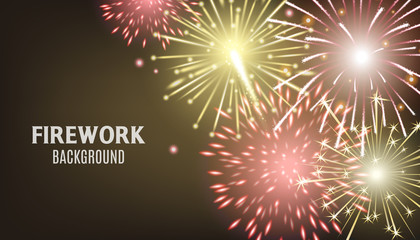 Dark firework background with realistic red and yellow sparkle explosions.
