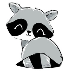 Hand Drawn cute raccoon isolated on white background, vector. Childish illustration. Print design on t-shirt.