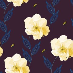 Large realistic light yellow flowers, branches and beetles on a violet purple color background. Seamless vector pattern. Design for fabric and wallpaper