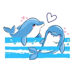 Hand drawn cute dolphin couple and heart. Greeting card design, print, background. Vector illustration