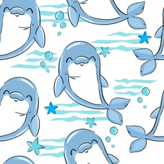 Dolphin print seamless texture for textile, fabric, swimsuit. Marine theme, ocean. Summer graphic design pattern with cute fishes. Vector.