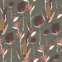 Tropical flowers, protea and strelitzia and palm leaves on a red background. Hand-drawn seamless vector pattern. Square repeating design for fabric, cards, wallpapers