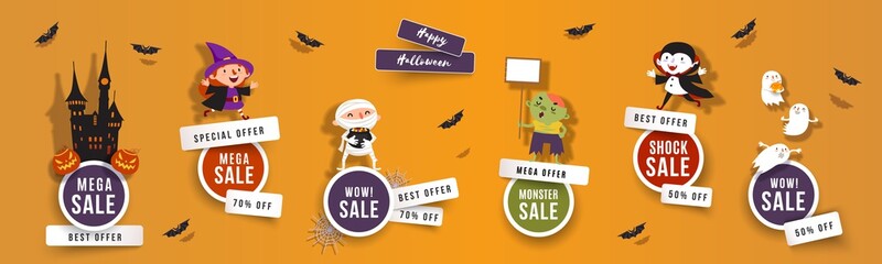 Halloween sale, discounts set of round banners with cute witch, vampire, ghost, zombie, mummy, bats. Isolated vector clip art with Halloween characters for festive sale design