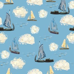 Picturesque boats in the sea on a background of turquoise sky and clouds. Hand-drawn square vector illustration. Light blue seamless pattern based on Claude Monet oil painting