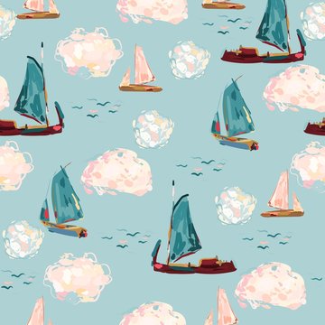 Picturesque boats in the sea on a background of turquoise sky and clouds. Hand-drawn square vector illustration. Light blue seamless pattern based on Claude Monet oil painting