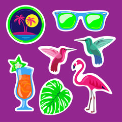 A set of stickers on the theme of the tropics: hummingbird, cocktail, monstera, flamingo, night beach with palm trees, glasses. Illustration.