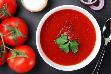 A plate with gazpacho - traditional Spanish tomato soup