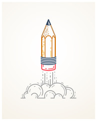 Pencil launching like a rocket start up, creative energy genius artist or designer, vector design and creativity logo or icon, art startup.